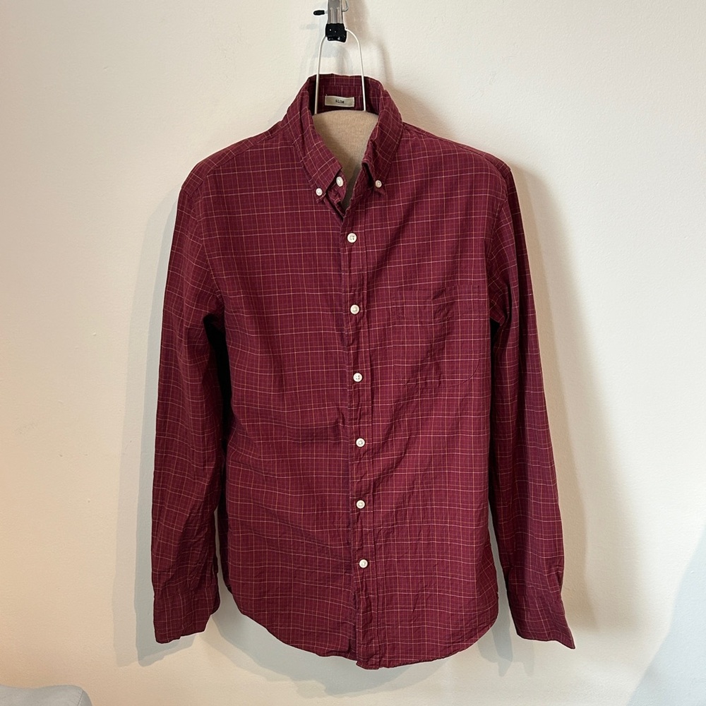 J.Crew Secret Wash Slim Fit Men S Maroon Plaid Button Down Organic Cotton